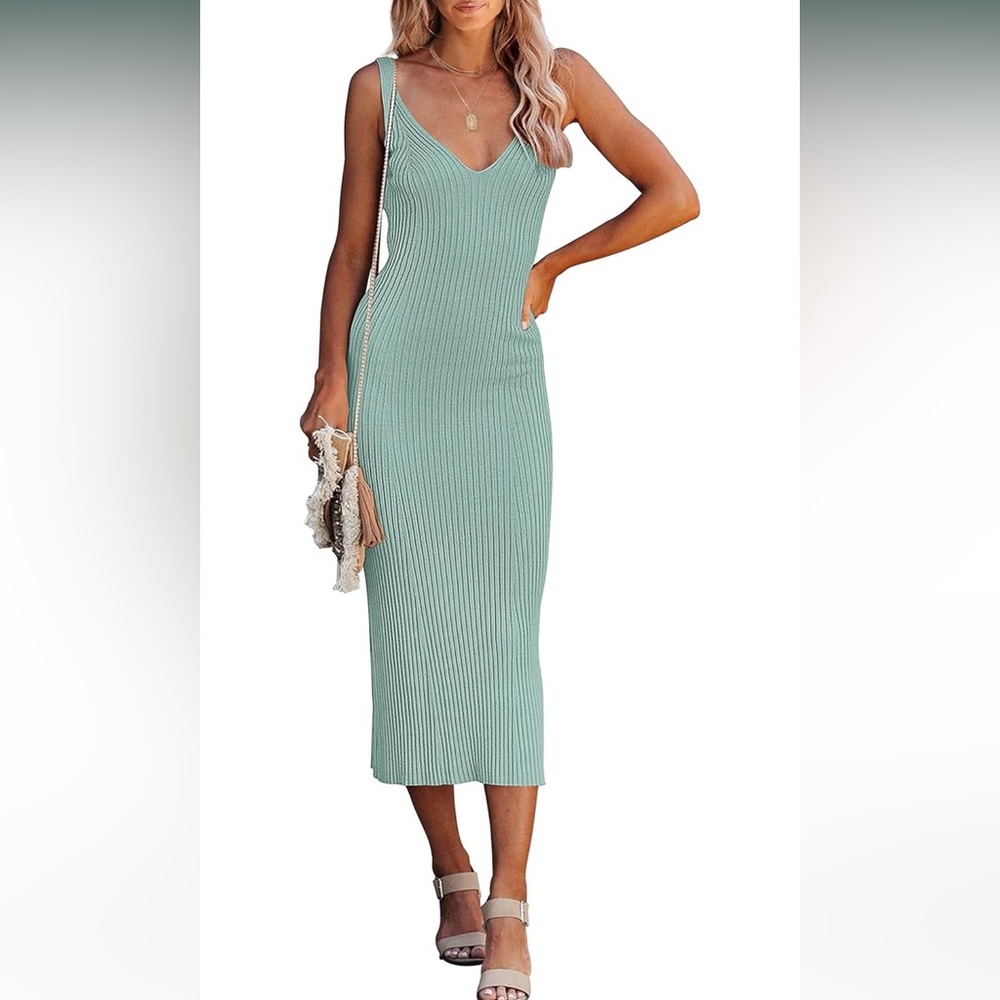V Neck Knit MIDI Dress